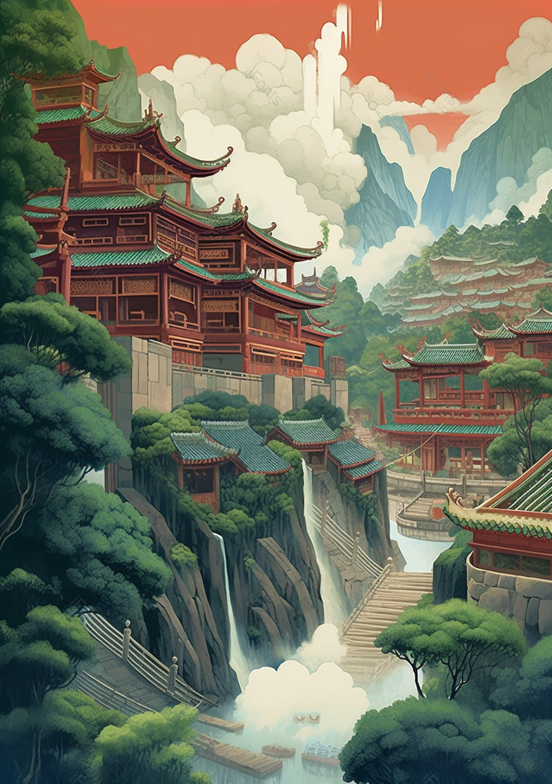 中国国潮国风新中式插画山中宝塔,插画/手绘图,插画/手绘图库,插画/手绘图下载,插画/手绘